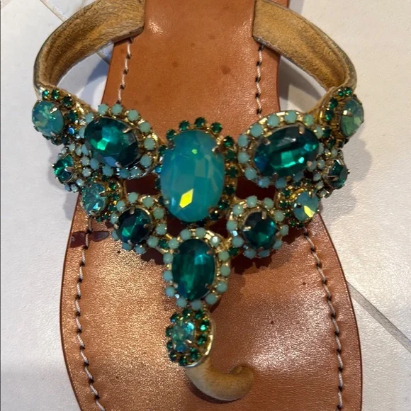 Mystique Boutique Women's Gold and Green Embellished Sandals - Picture 3 of 7